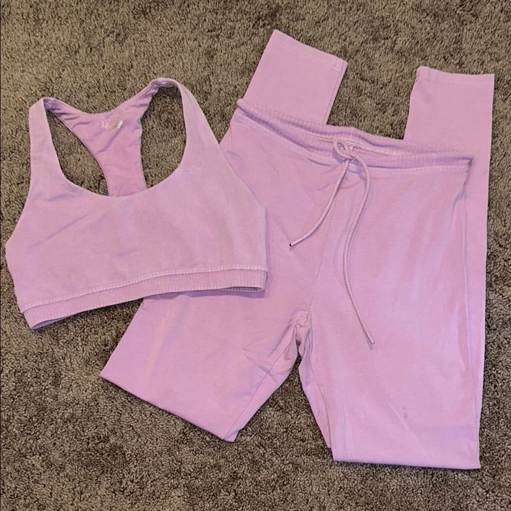 Aerie offline purple ribbed high waisted tie front leggings & matching bra set